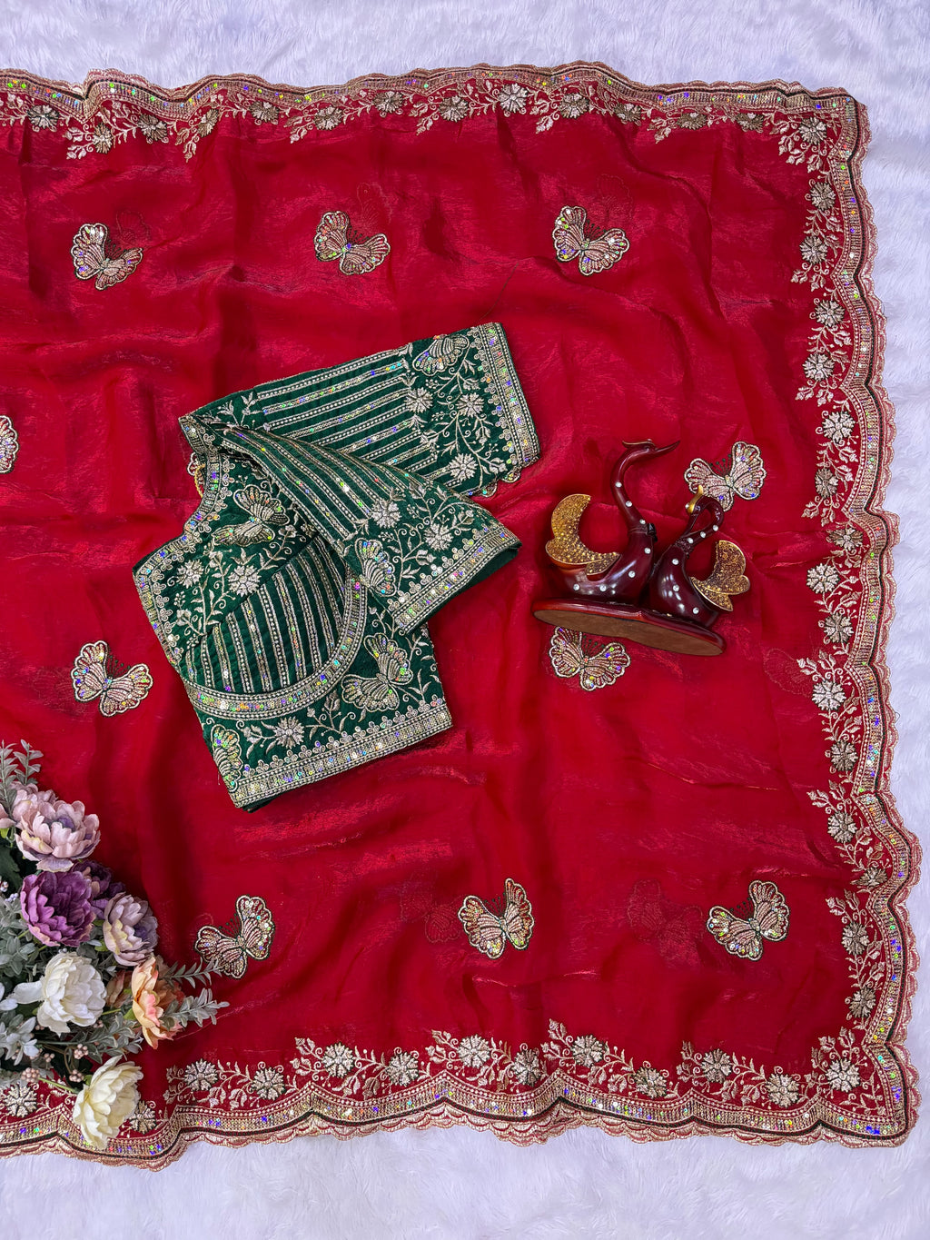 Organza Saree with Butterfly Motifs, Floral Embroidery & Sequin Scalloped Border -RED