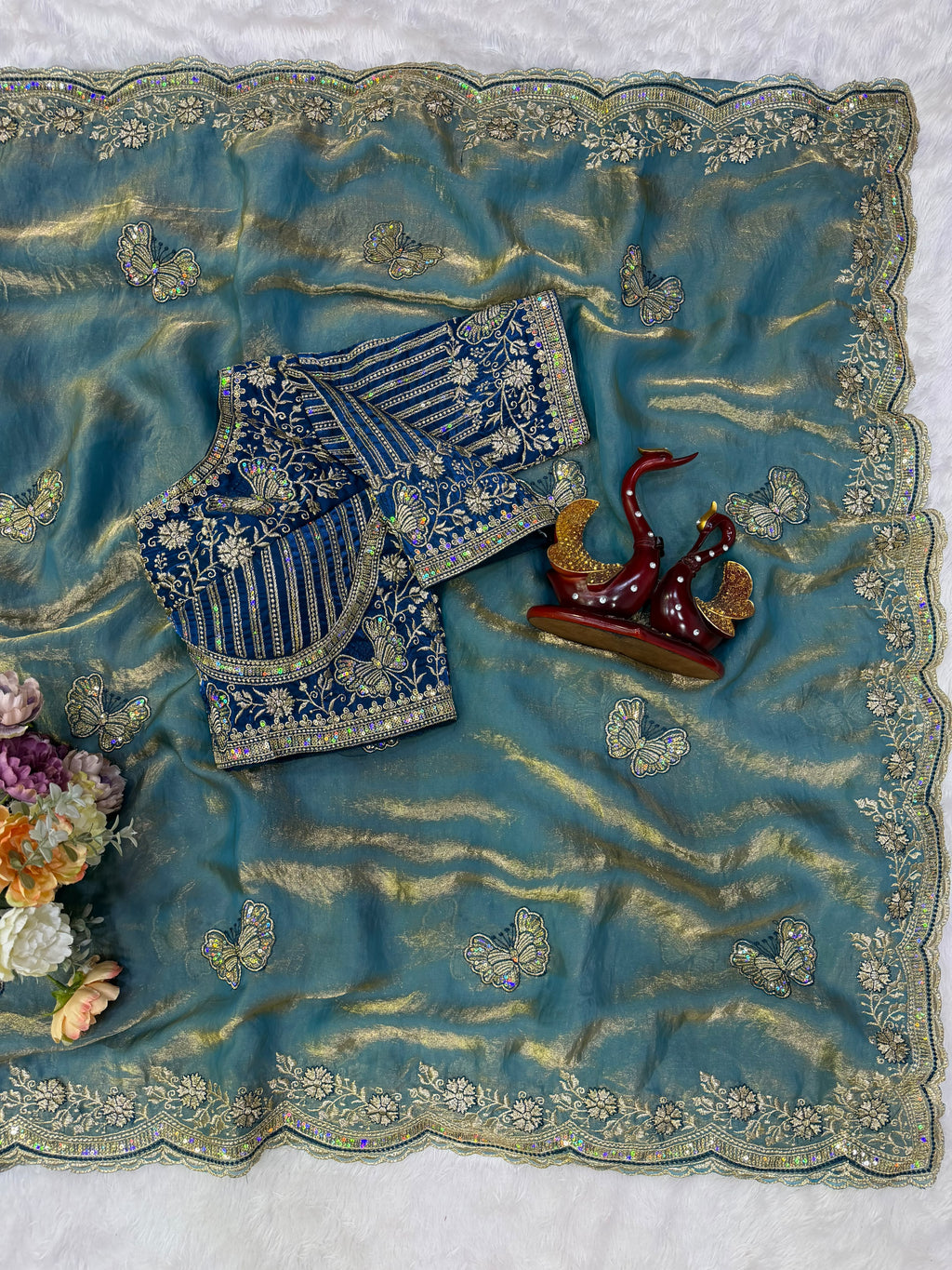 Organza Saree with Butterfly Motifs, Floral Embroidery & Sequin Scalloped Border -SKY