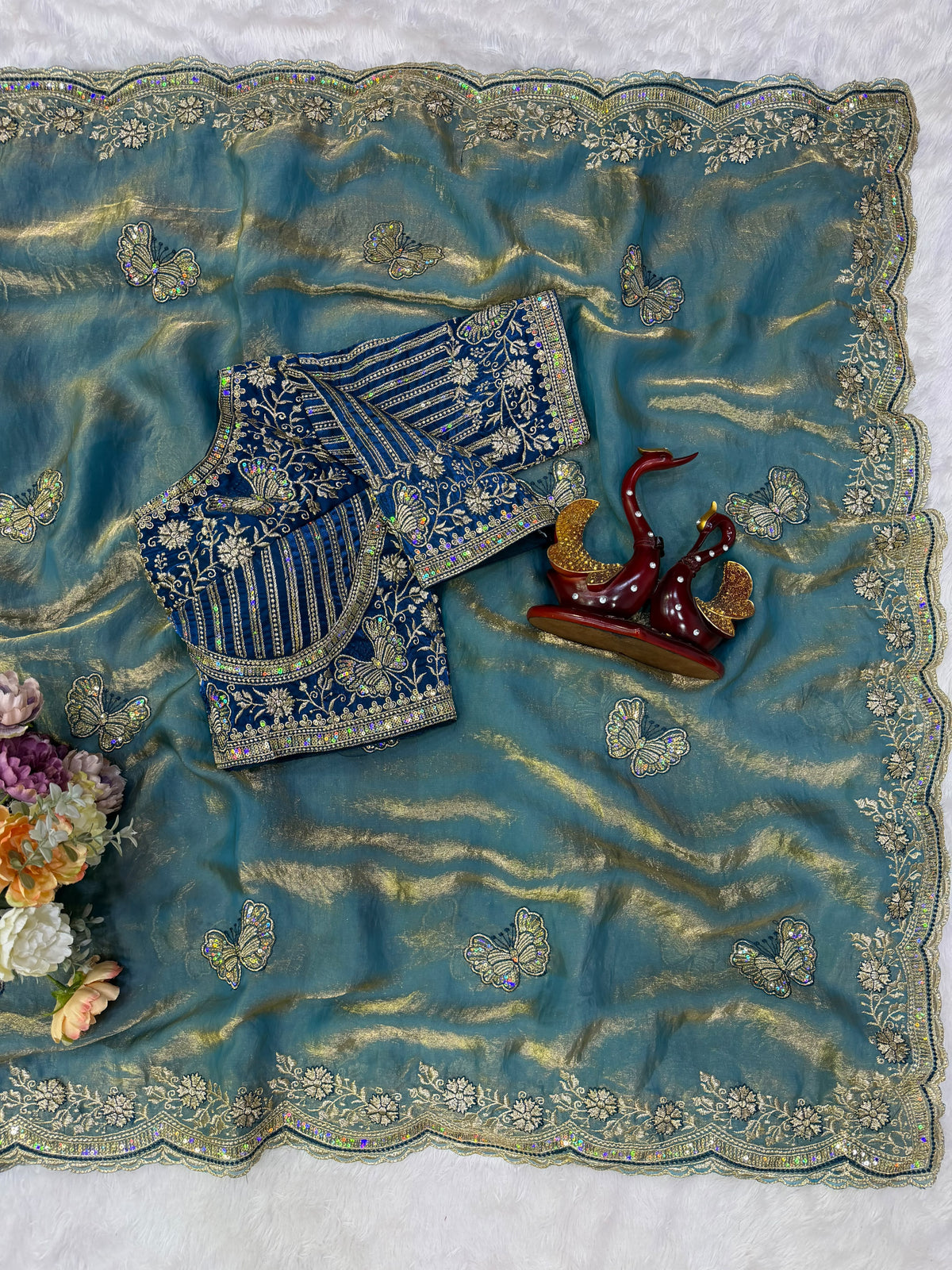Organza Saree with Butterfly Motifs, Floral Embroidery & Sequin Scalloped Border -SKY