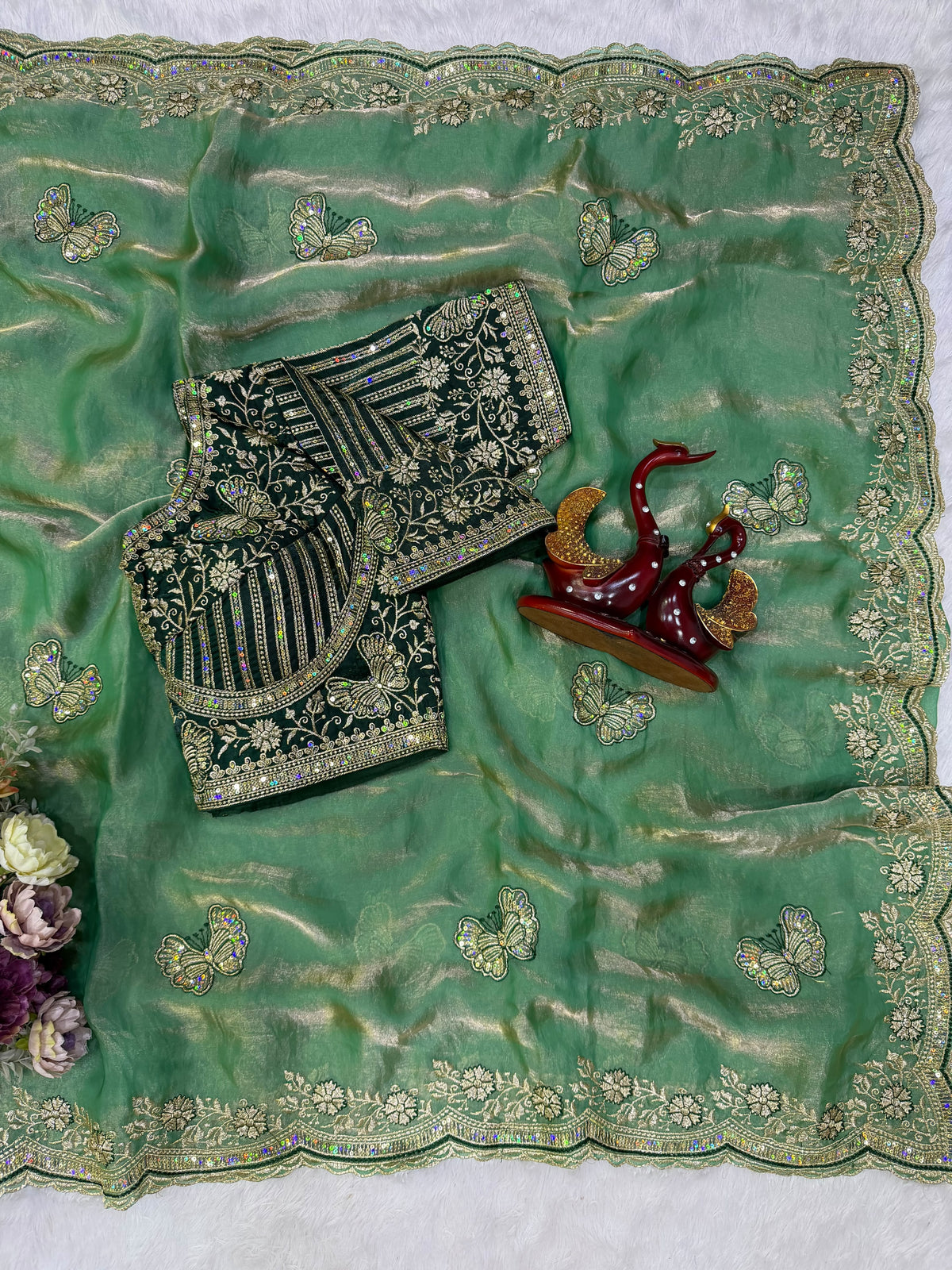 Organza Saree with Butterfly Motifs, Floral Embroidery & Sequin Scalloped Border - GREEN