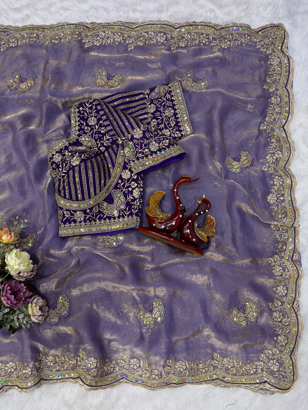 Organza Saree with Butterfly Motifs, Floral Embroidery & Sequin Scalloped Border - PURPLE