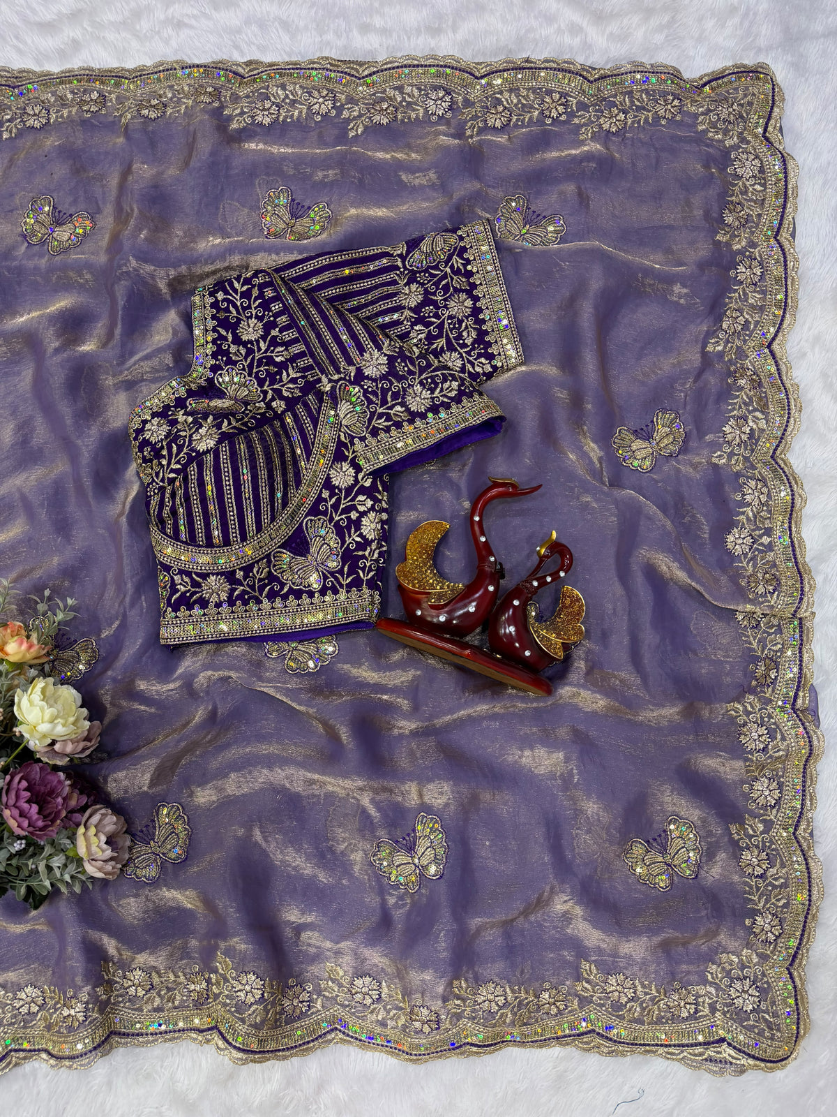 Organza Saree with Butterfly Motifs, Floral Embroidery & Sequin Scalloped Border - PURPLE