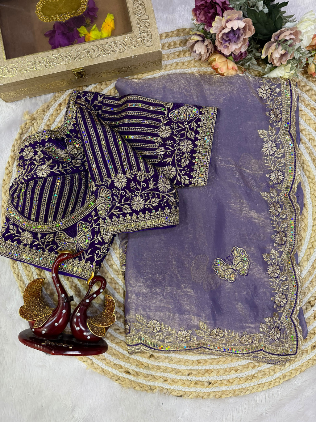 Organza Saree with Butterfly Motifs, Floral Embroidery & Sequin Scalloped Border - PURPLE