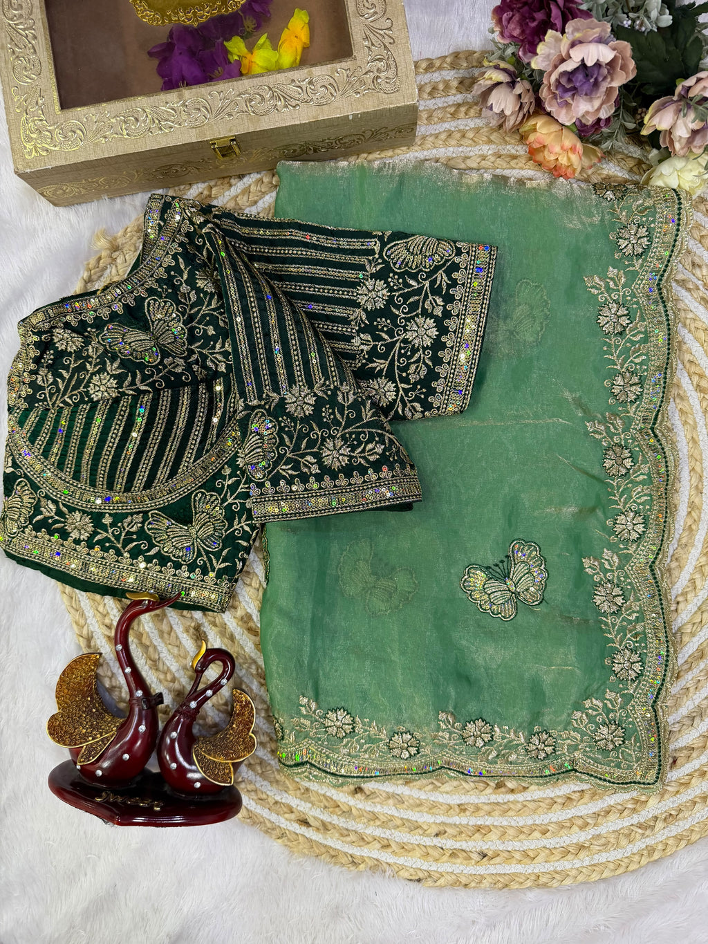 Organza Saree with Butterfly Motifs, Floral Embroidery & Sequin Scalloped Border - GREEN