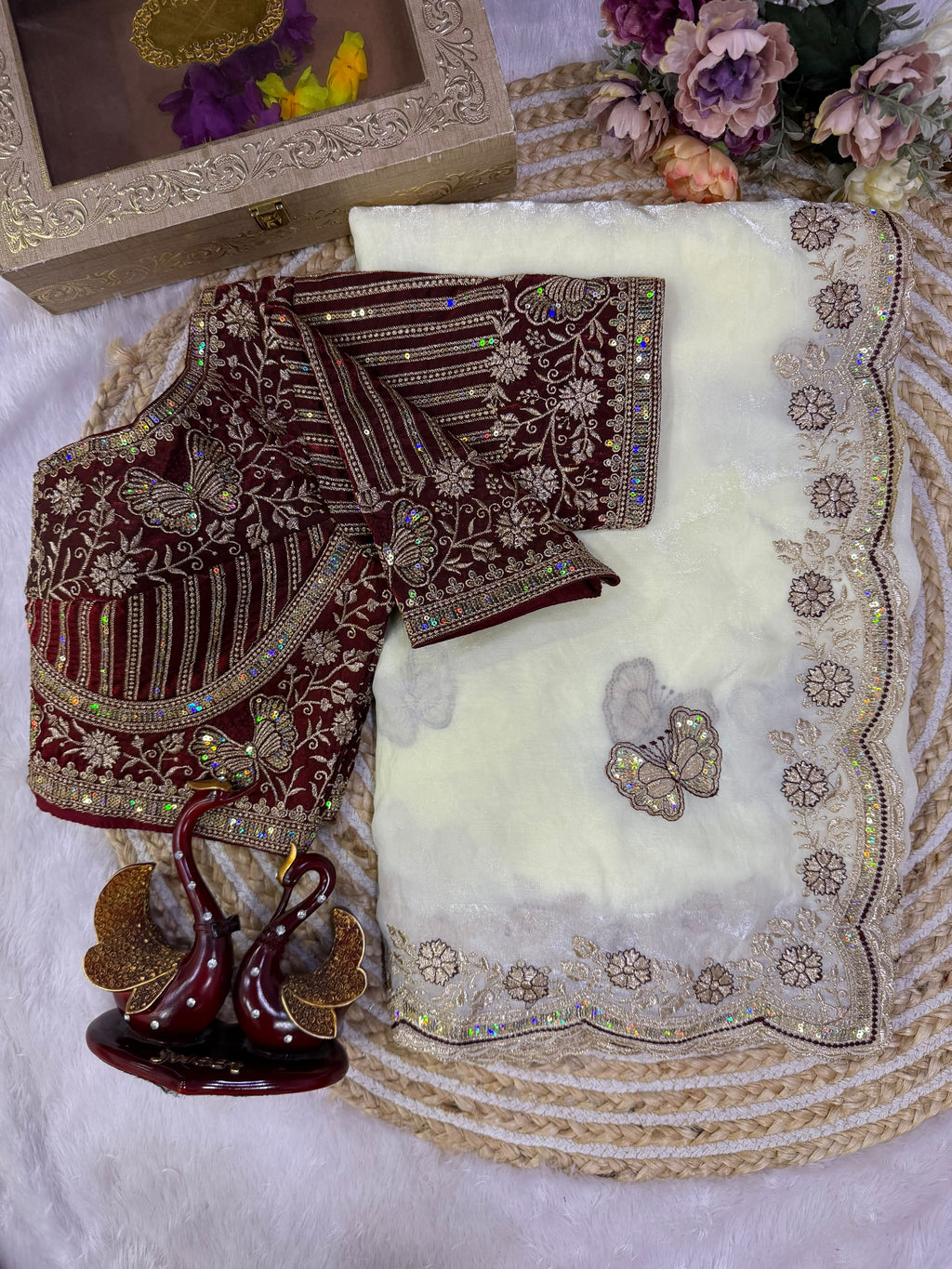 Organza Saree with Butterfly Motifs, Floral Embroidery & Sequin Scalloped Border -WHITE