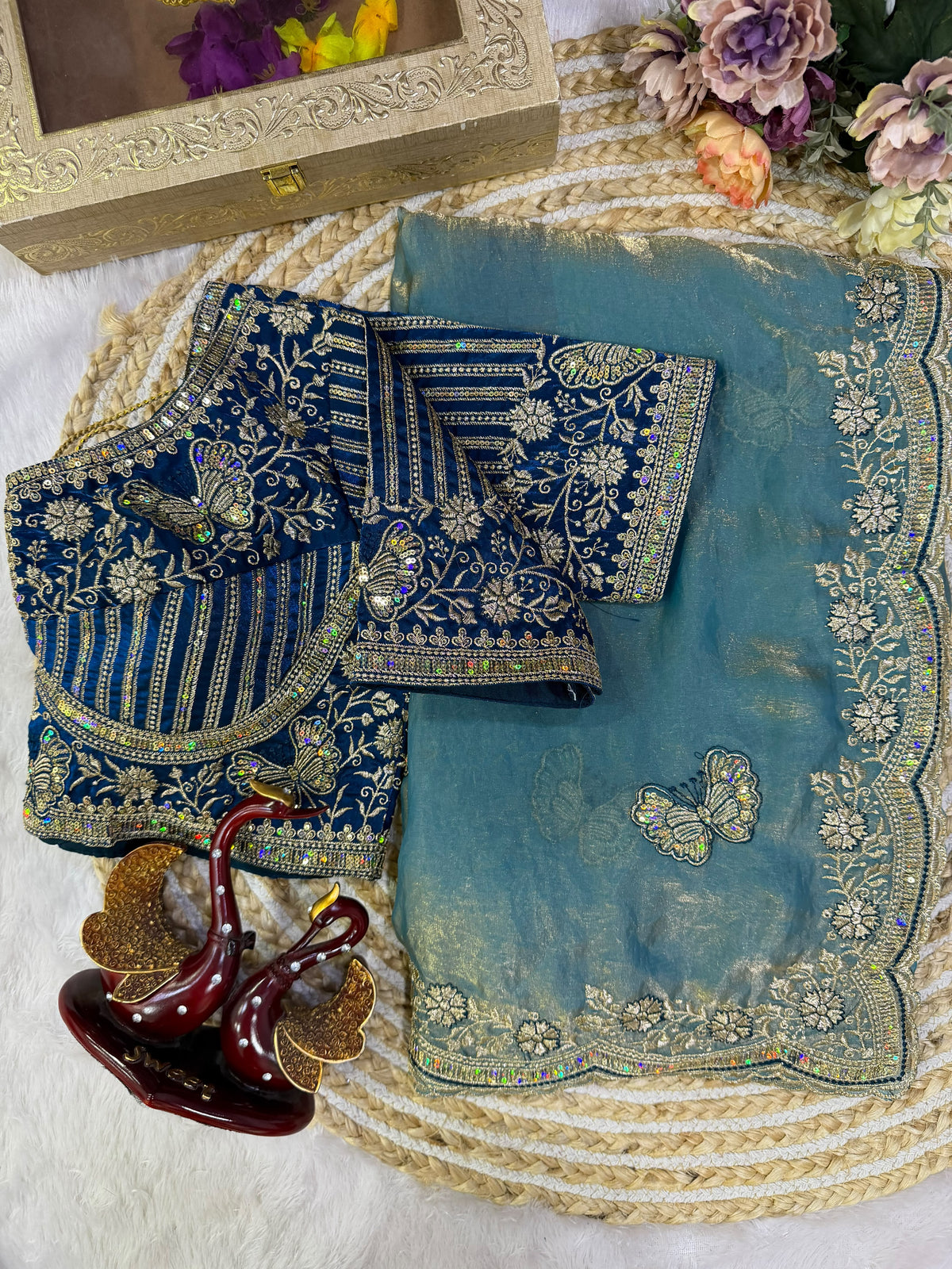 Organza Saree with Butterfly Motifs, Floral Embroidery & Sequin Scalloped Border -SKY