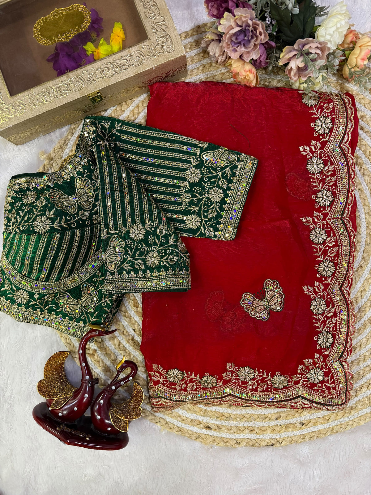 Organza Saree with Butterfly Motifs, Floral Embroidery & Sequin Scalloped Border -RED