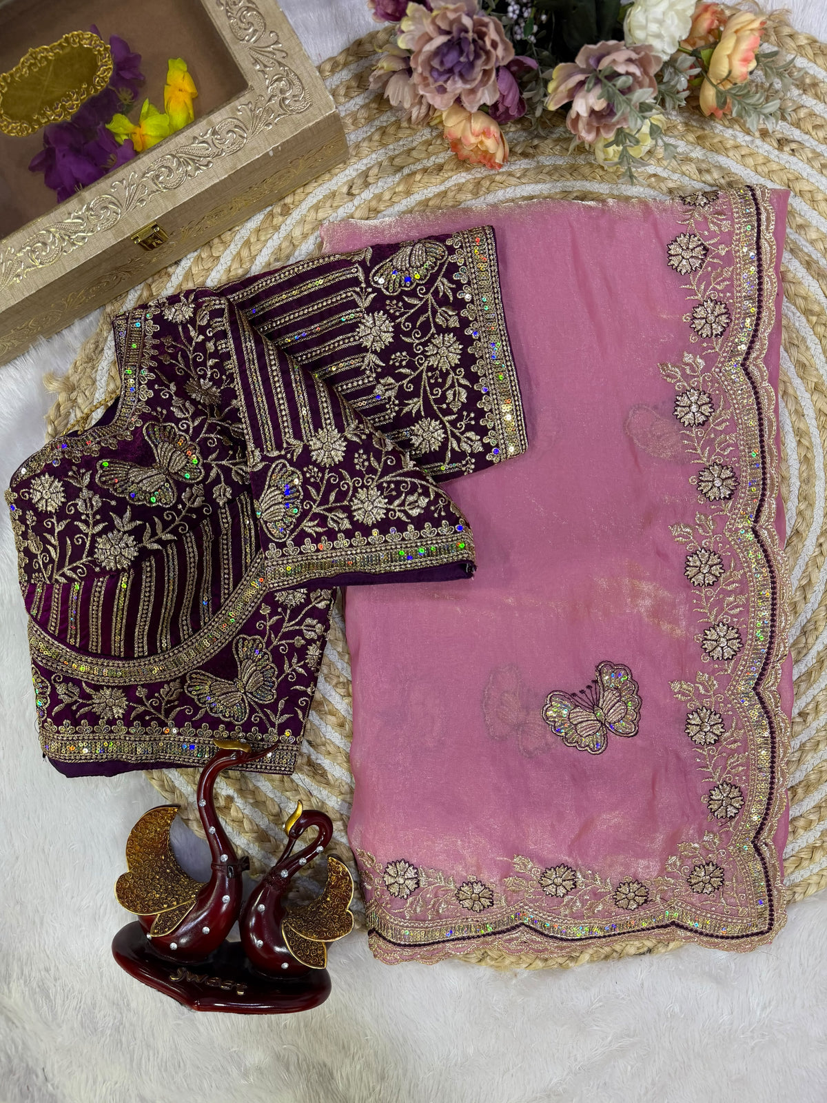Organza Saree with Butterfly Motifs, Floral Embroidery & Sequin Scalloped Border - PINK