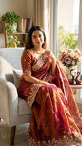 Organza Saree with Intricate Golden Floral Embroidery & Designer Scalloped Border -ORANGE