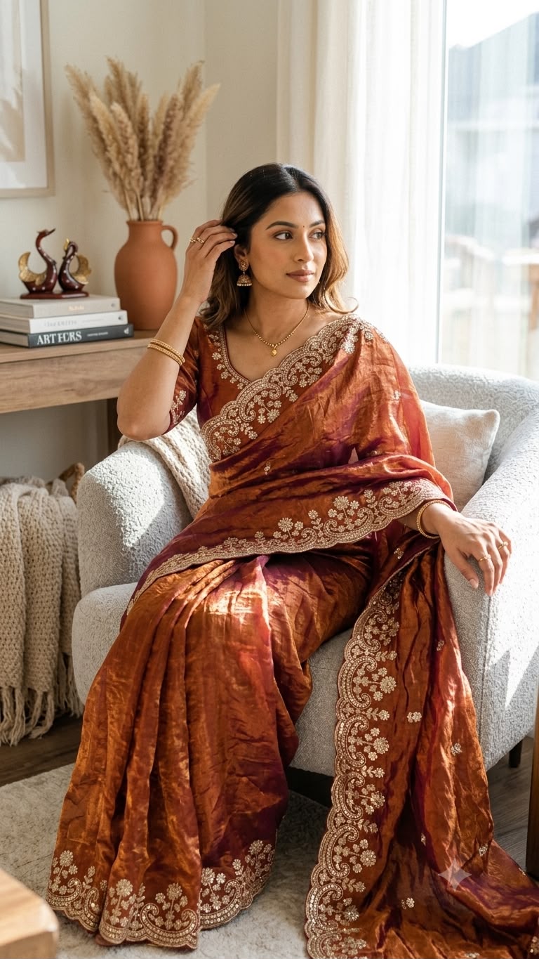 Organza Saree with Intricate Golden Floral Embroidery & Designer Scalloped Border -ORANGE