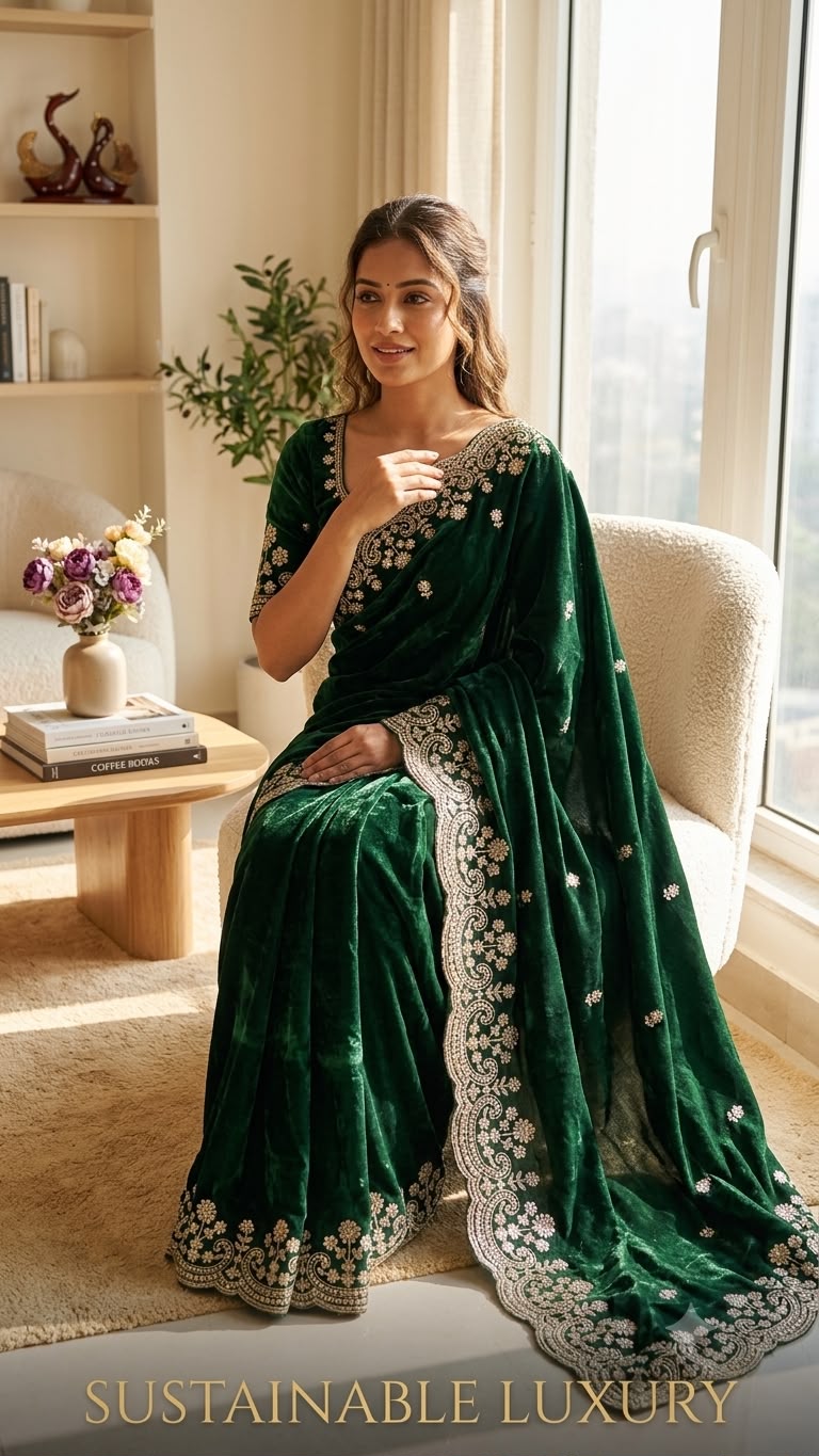 Organza Saree with Intricate Golden Floral Embroidery & Designer Scalloped Border - GREEN