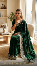 Organza Saree with Intricate Golden Floral Embroidery & Designer Scalloped Border - GREEN