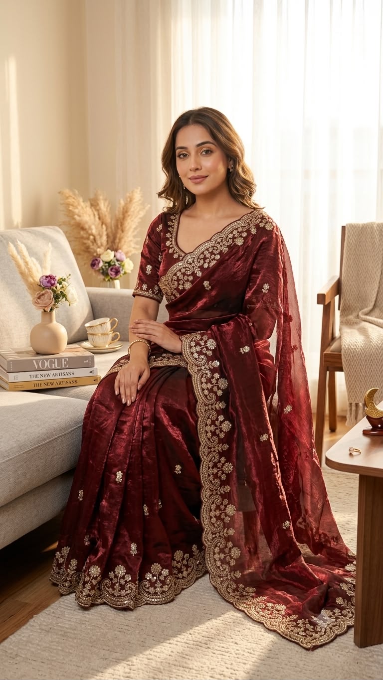 Organza Saree with Intricate Golden Floral Embroidery & Designer Scalloped Border -MAROON