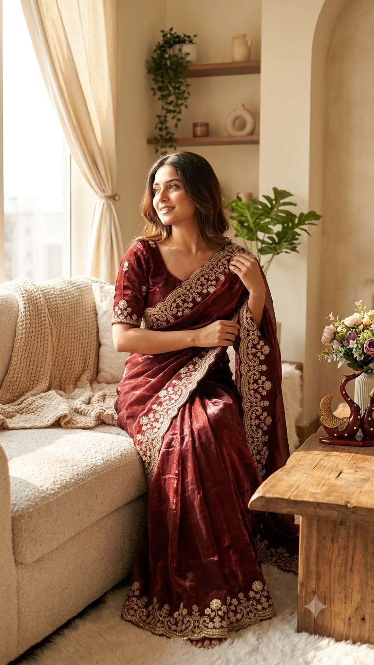 Organza Saree with Intricate Golden Floral Embroidery & Designer Scalloped Border -MAROON