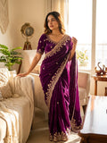 Organza Saree with Intricate Golden Floral Embroidery & Designer Scalloped Border -WINE
