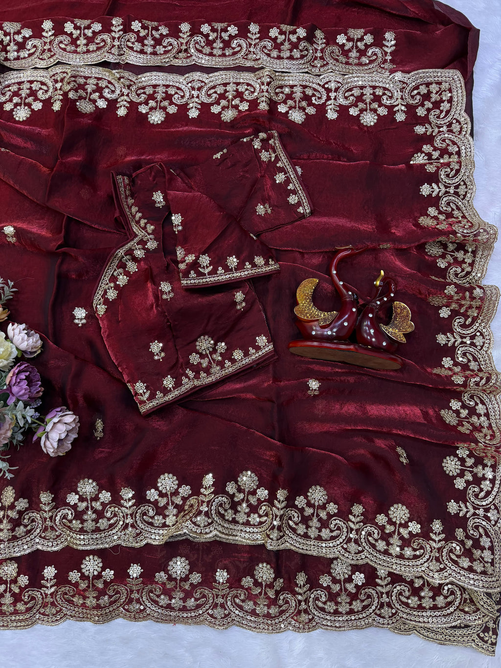 Organza Saree with Intricate Golden Floral Embroidery & Designer Scalloped Border -MAROON
