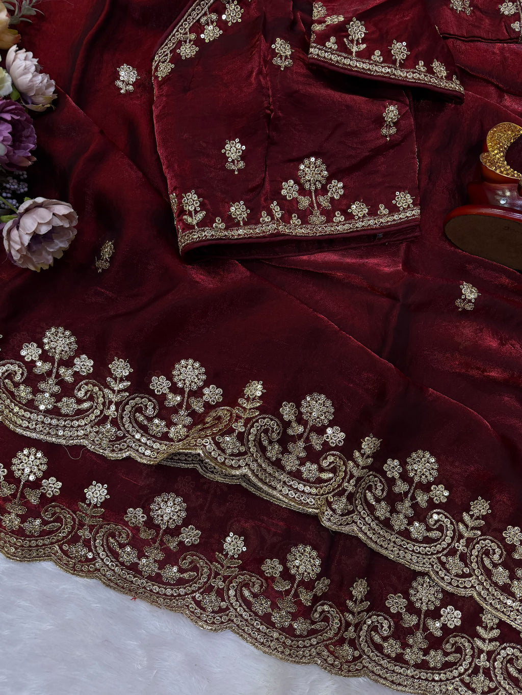 Organza Saree with Intricate Golden Floral Embroidery & Designer Scalloped Border -MAROON