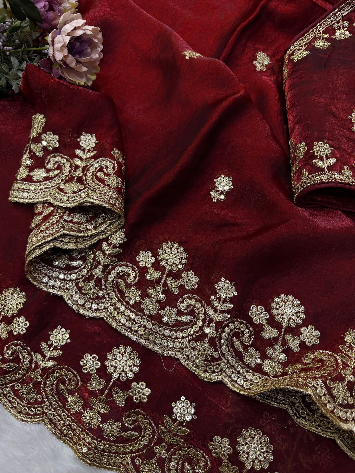 Organza Saree with Intricate Golden Floral Embroidery & Designer Scalloped Border -MAROON