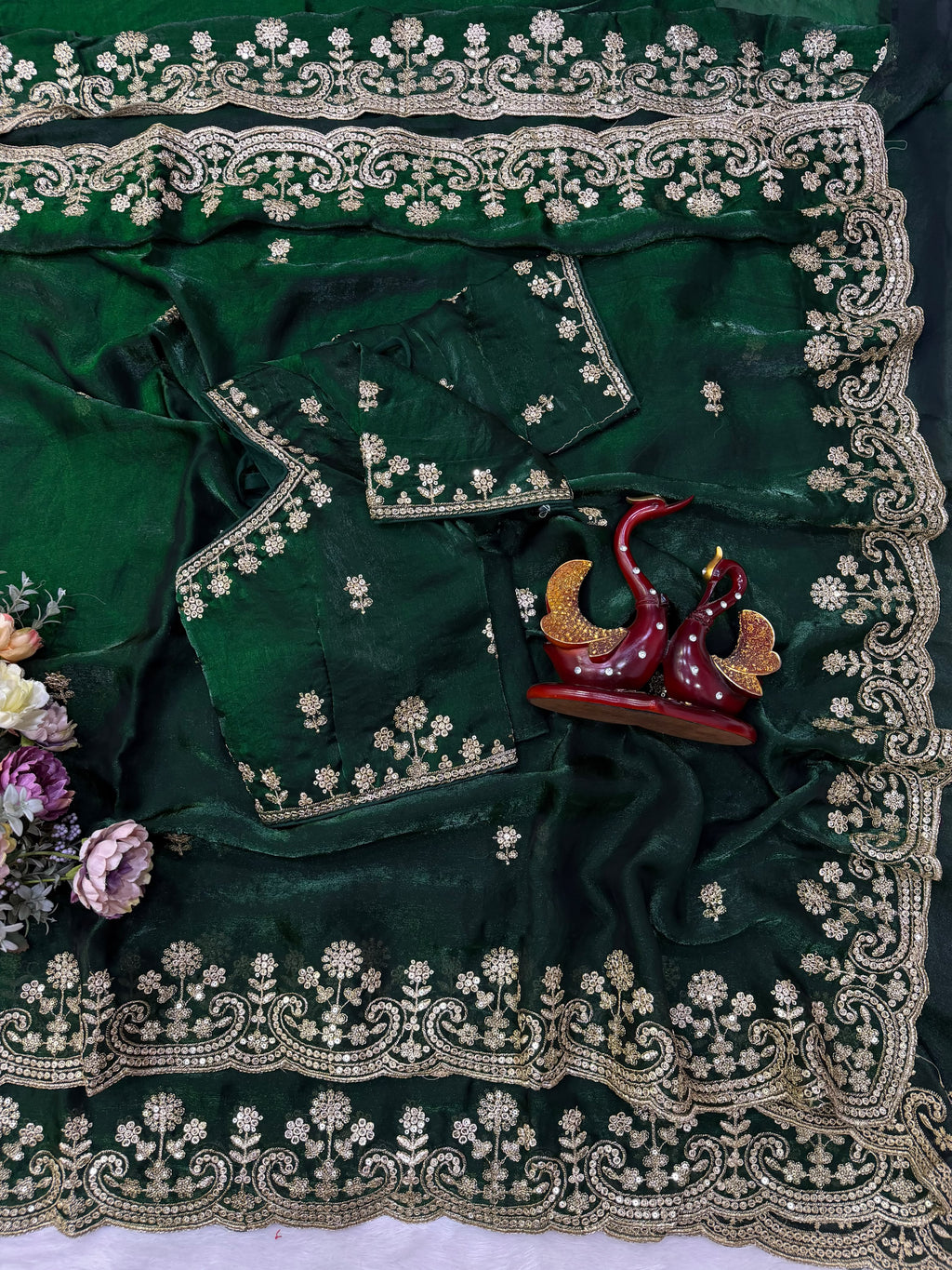 Organza Saree with Intricate Golden Floral Embroidery & Designer Scalloped Border - GREEN