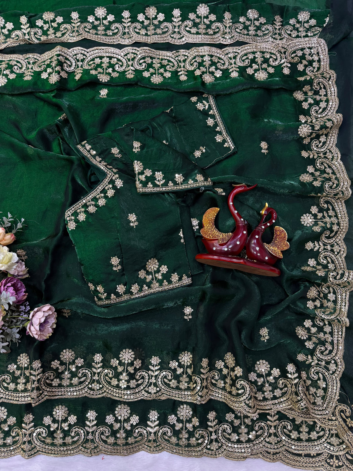 Organza Saree with Intricate Golden Floral Embroidery & Designer Scalloped Border - GREEN