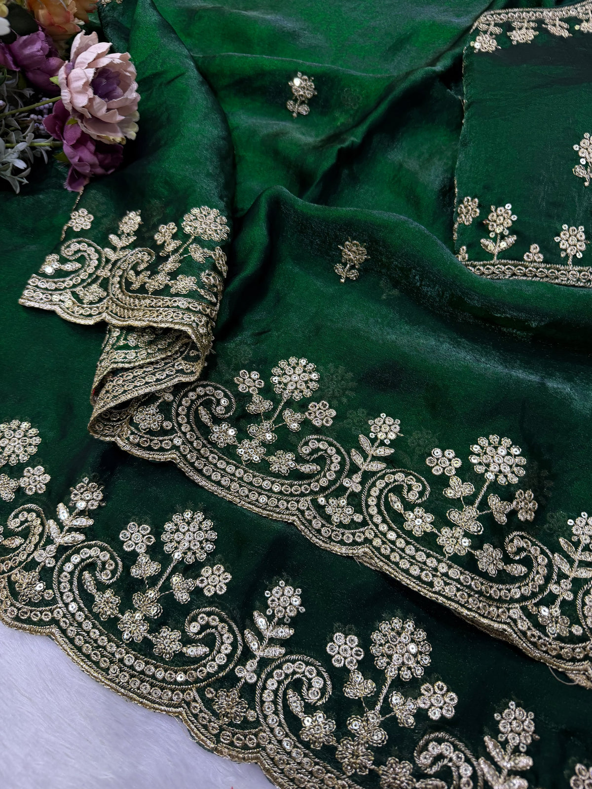 Organza Saree with Intricate Golden Floral Embroidery & Designer Scalloped Border - GREEN