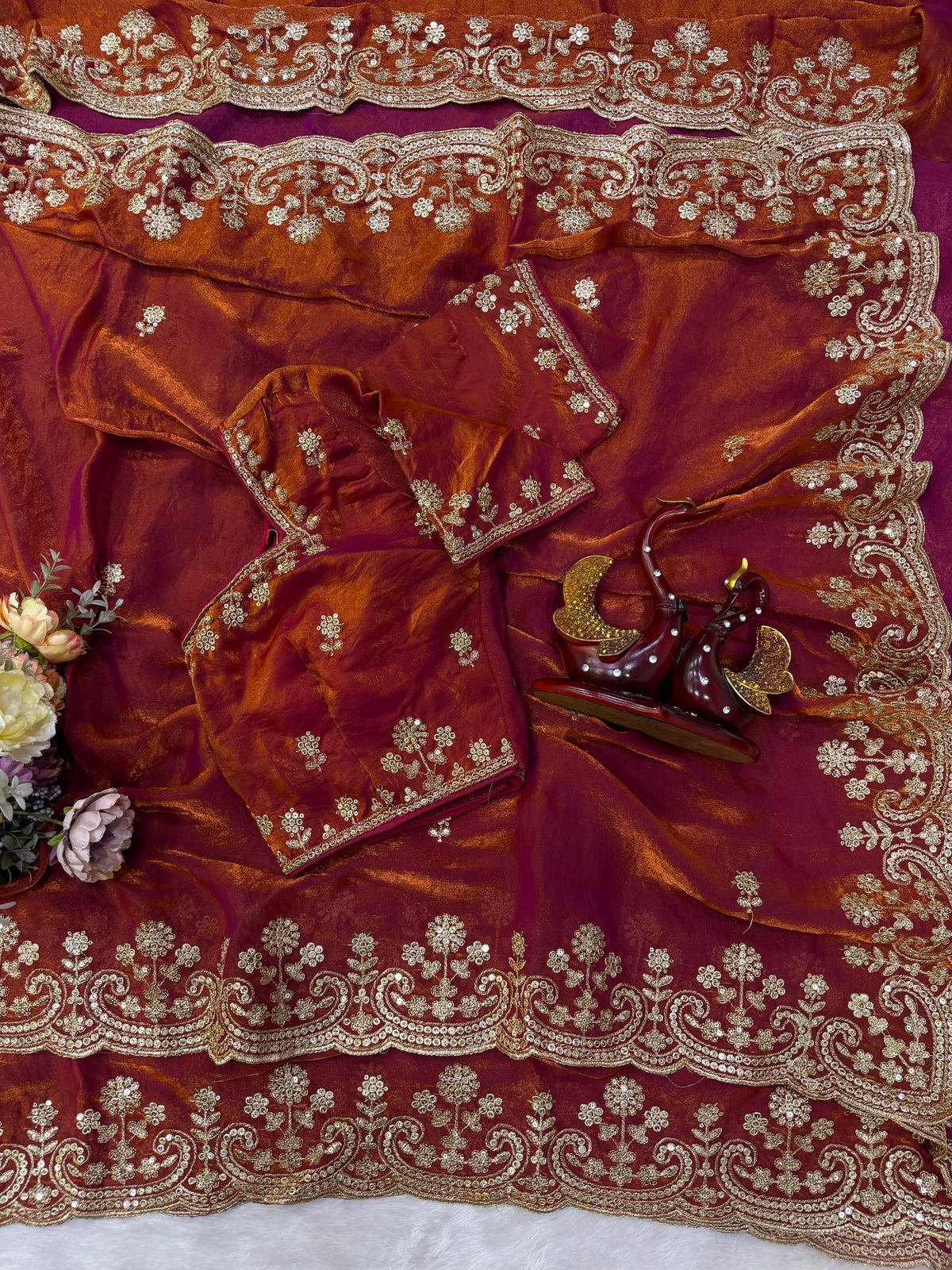 Organza Saree with Intricate Golden Floral Embroidery & Designer Scalloped Border -ORANGE