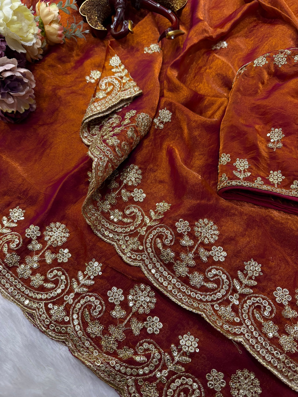 Organza Saree with Intricate Golden Floral Embroidery & Designer Scalloped Border -ORANGE