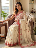 Elegant White & Red Floral Embroidered Organza Saree with Designer Border & Matching Handwork Blouse