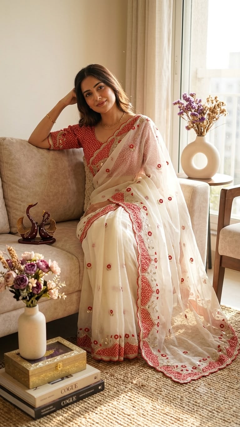 Elegant White & Red Floral Embroidered Organza Saree with Designer Border & Matching Handwork Blouse