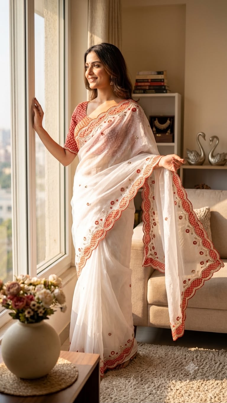 Elegant White & Red Floral Embroidered Organza Saree with Designer Border & Matching Handwork Blouse