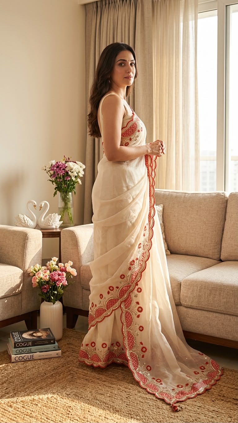 Elegant White & Red Floral Embroidered Organza Saree with Designer Border & Matching Handwork Blouse
