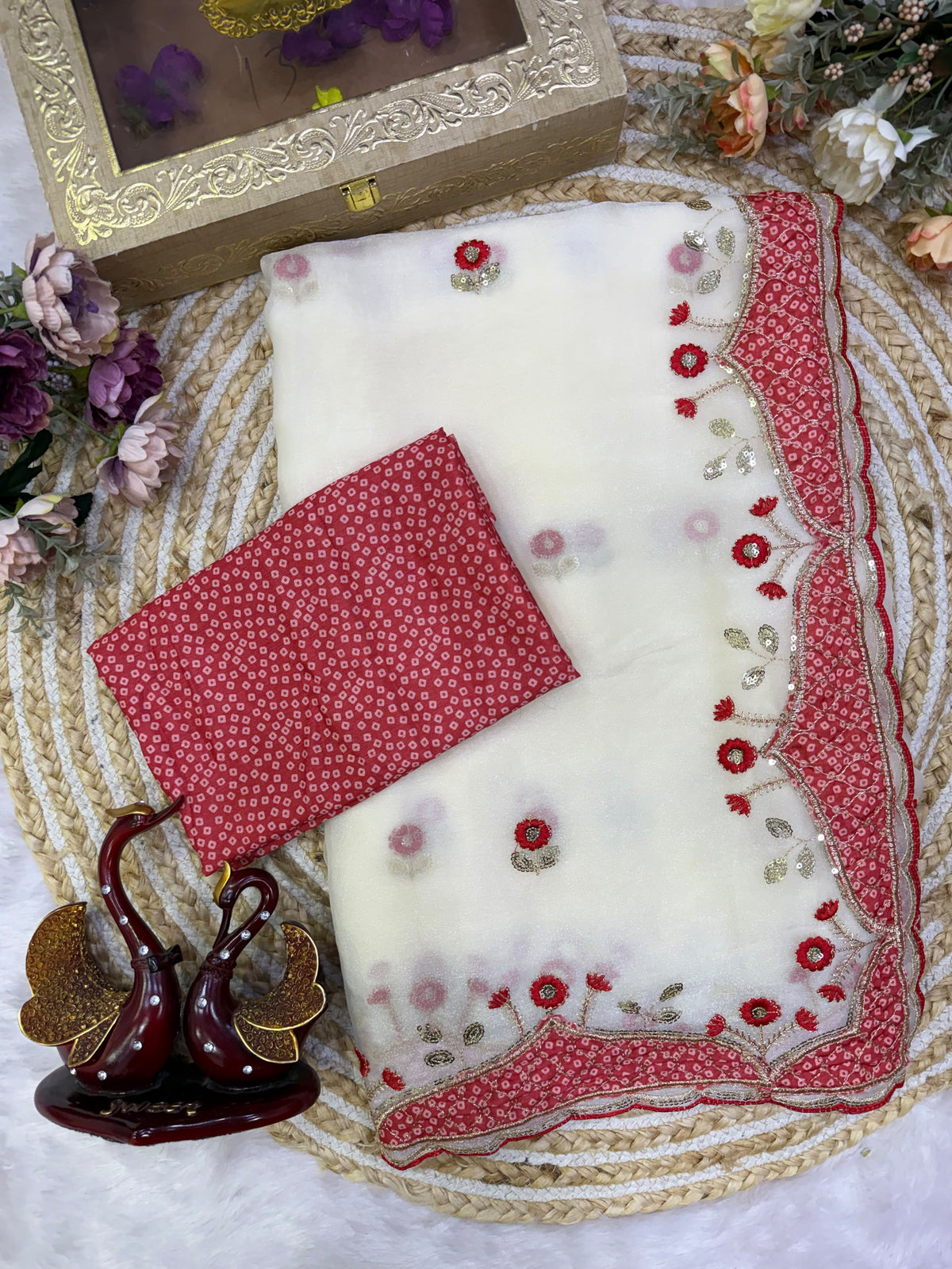 Elegant White & Red Floral Embroidered Organza Saree with Designer Border & Matching Handwork Blouse