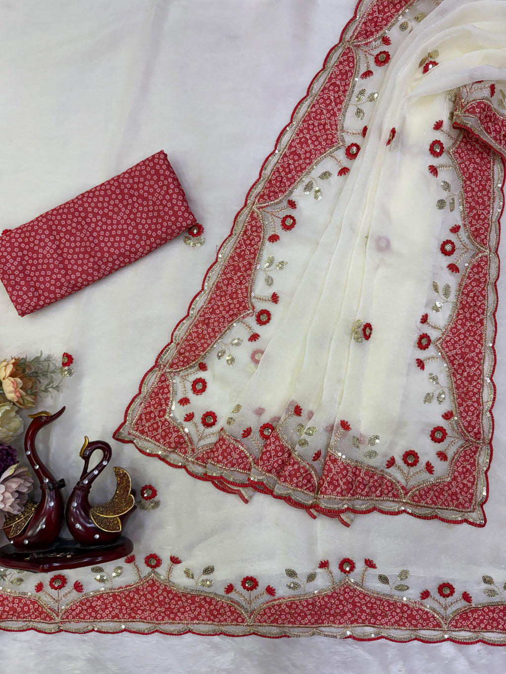 Elegant White & Red Floral Embroidered Organza Saree with Designer Border & Matching Handwork Blouse
