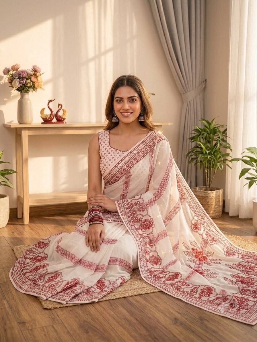Elegant Ivory Floral Printed Saree with Rose Pink Motifs, Mirror Accents & Designer Border