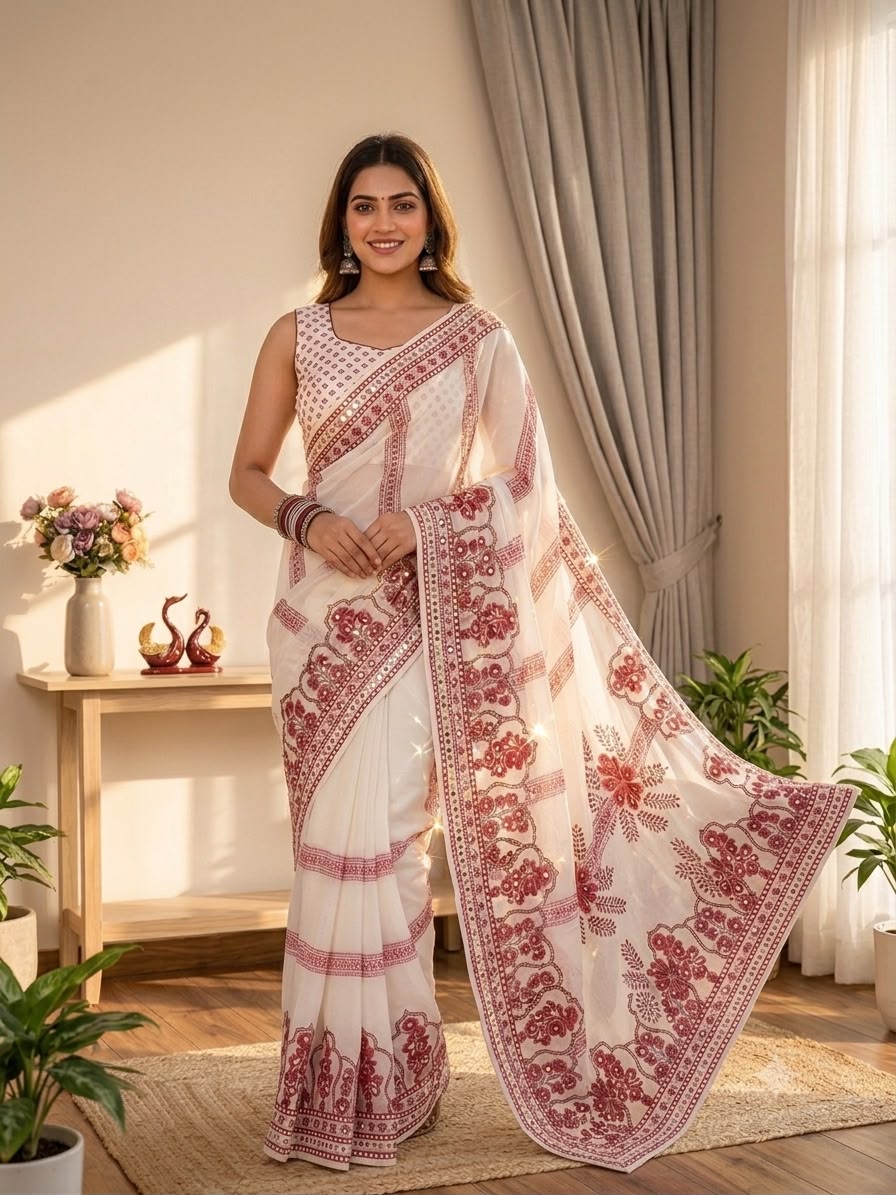 Elegant Ivory Floral Printed Saree with Rose Pink Motifs, Mirror Accents & Designer Border