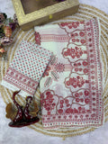 Elegant Ivory Floral Printed Saree with Rose Pink Motifs, Mirror Accents & Designer Border