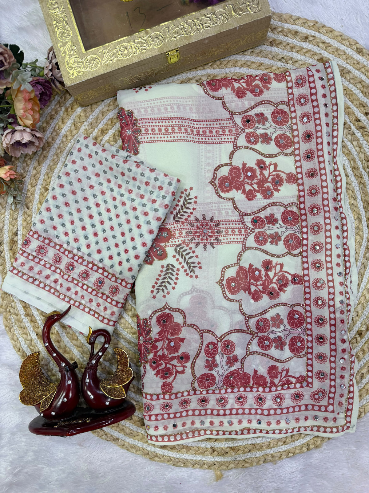 Elegant Ivory Floral Printed Saree with Rose Pink Motifs, Mirror Accents & Designer Border