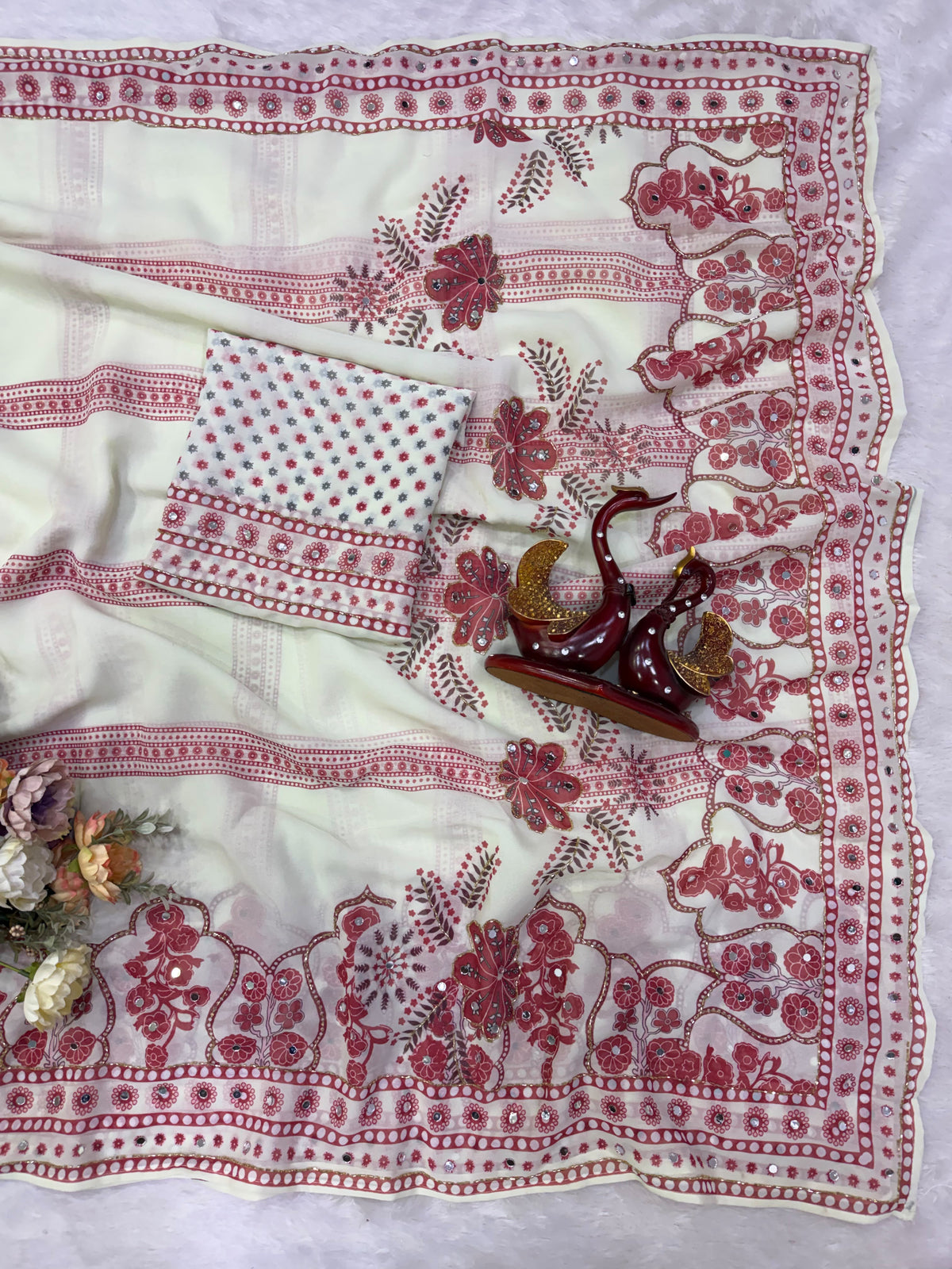 Elegant Ivory Floral Printed Saree with Rose Pink Motifs, Mirror Accents & Designer Border