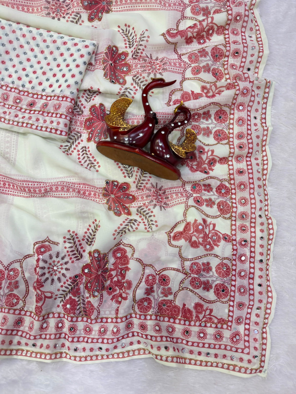 Elegant Ivory Floral Printed Saree with Rose Pink Motifs, Mirror Accents & Designer Border