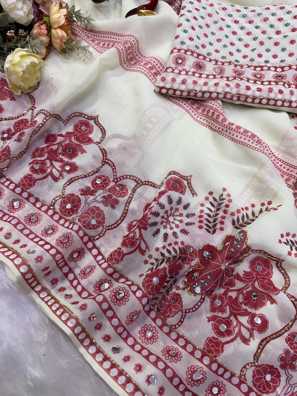 Elegant Ivory Floral Printed Saree with Rose Pink Motifs, Mirror Accents & Designer Border