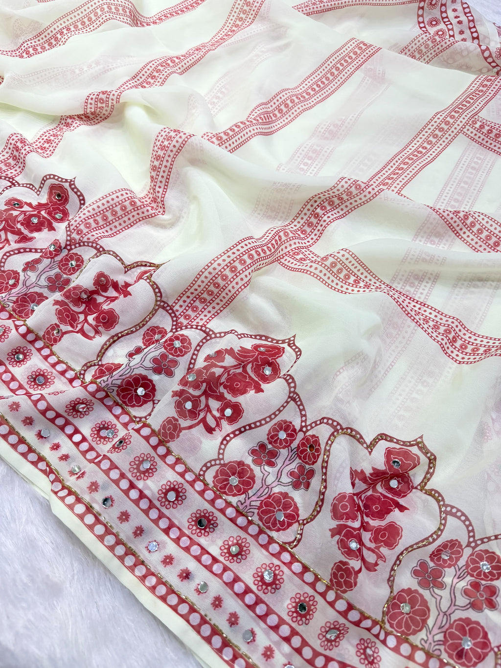 Elegant Ivory Floral Printed Saree with Rose Pink Motifs, Mirror Accents & Designer Border