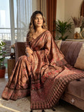 Royal Ajrakh-Inspired Printed Saree with Traditional Elephant, Tree & Paisley Motifs - BROWN