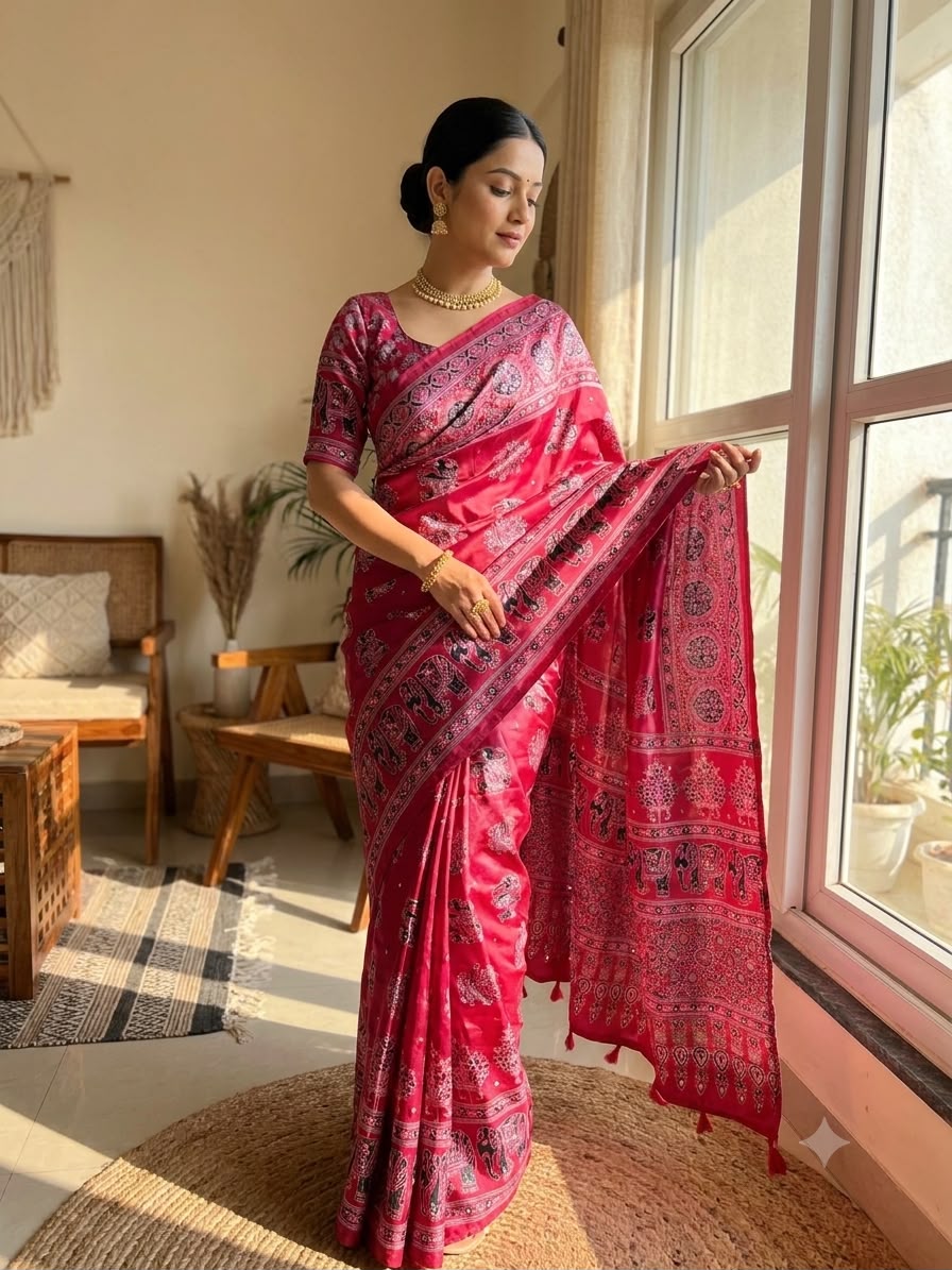 Royal Ajrakh-Inspired Printed Saree with Traditional Elephant, Tree & Paisley Motifs - PINK
