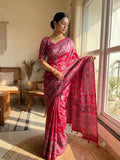 Royal Ajrakh-Inspired Printed Saree with Traditional Elephant, Tree & Paisley Motifs - PINK