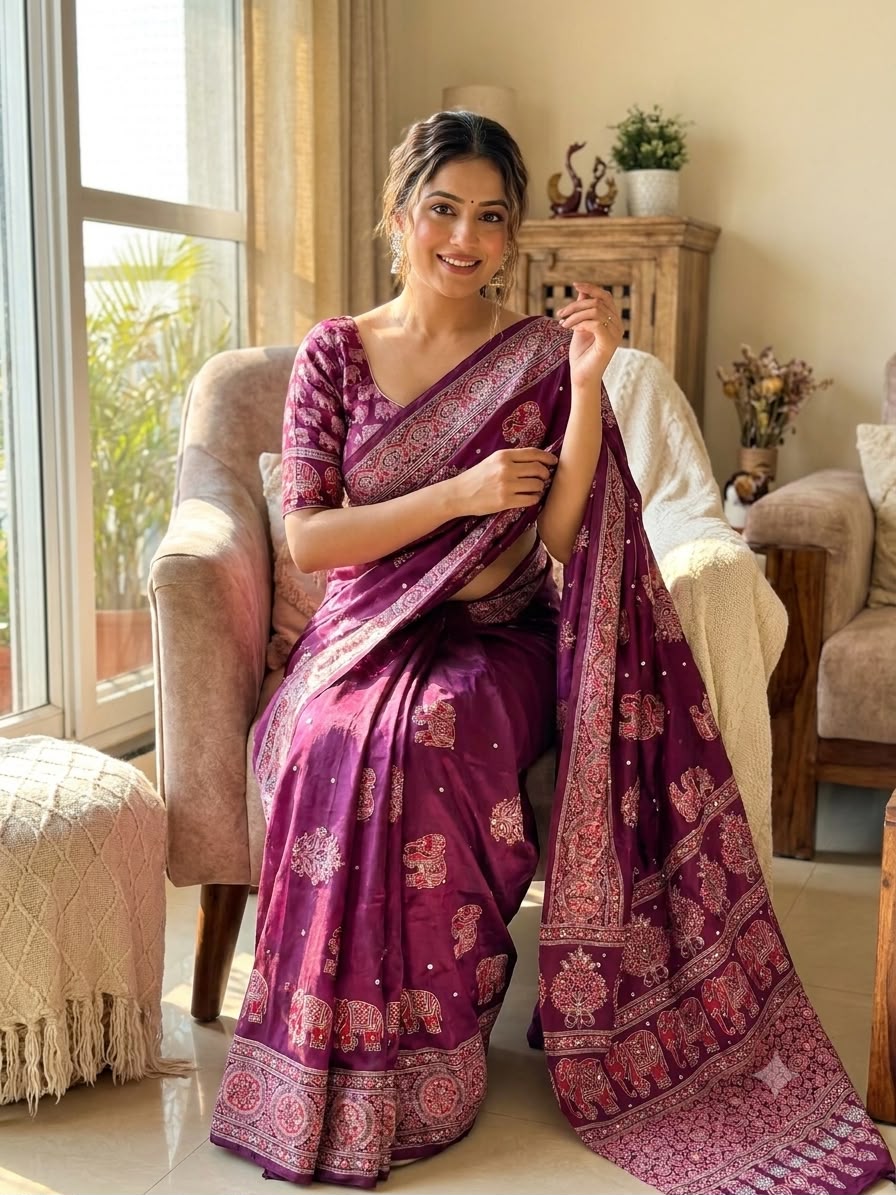Royal Ajrakh-Inspired Printed Saree with Traditional Elephant, Tree & Paisley Motifs - WINE