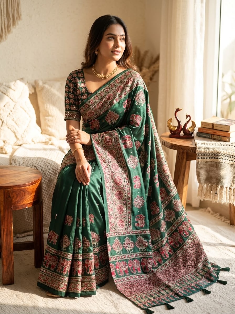 Royal Ajrakh-Inspired Printed Saree with Traditional Elephant, Tree & Paisley Motifs - GREEN