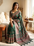 Royal Ajrakh-Inspired Printed Saree with Traditional Elephant, Tree & Paisley Motifs - GREEN