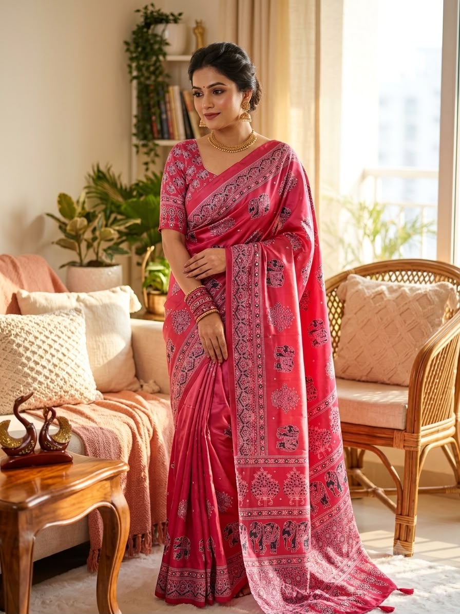 Royal Ajrakh-Inspired Printed Saree with Traditional Elephant, Tree & Paisley Motifs - PINK