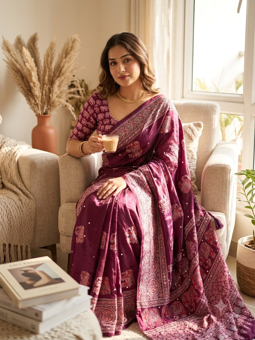 Royal Ajrakh-Inspired Printed Saree with Traditional Elephant, Tree & Paisley Motifs - WINE