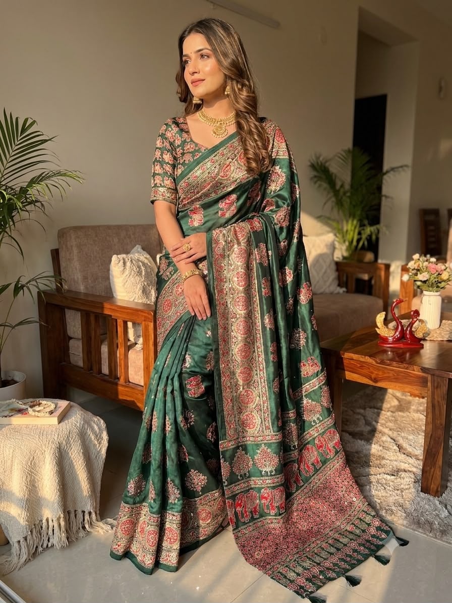 Royal Ajrakh-Inspired Printed Saree with Traditional Elephant, Tree & Paisley Motifs - GREEN